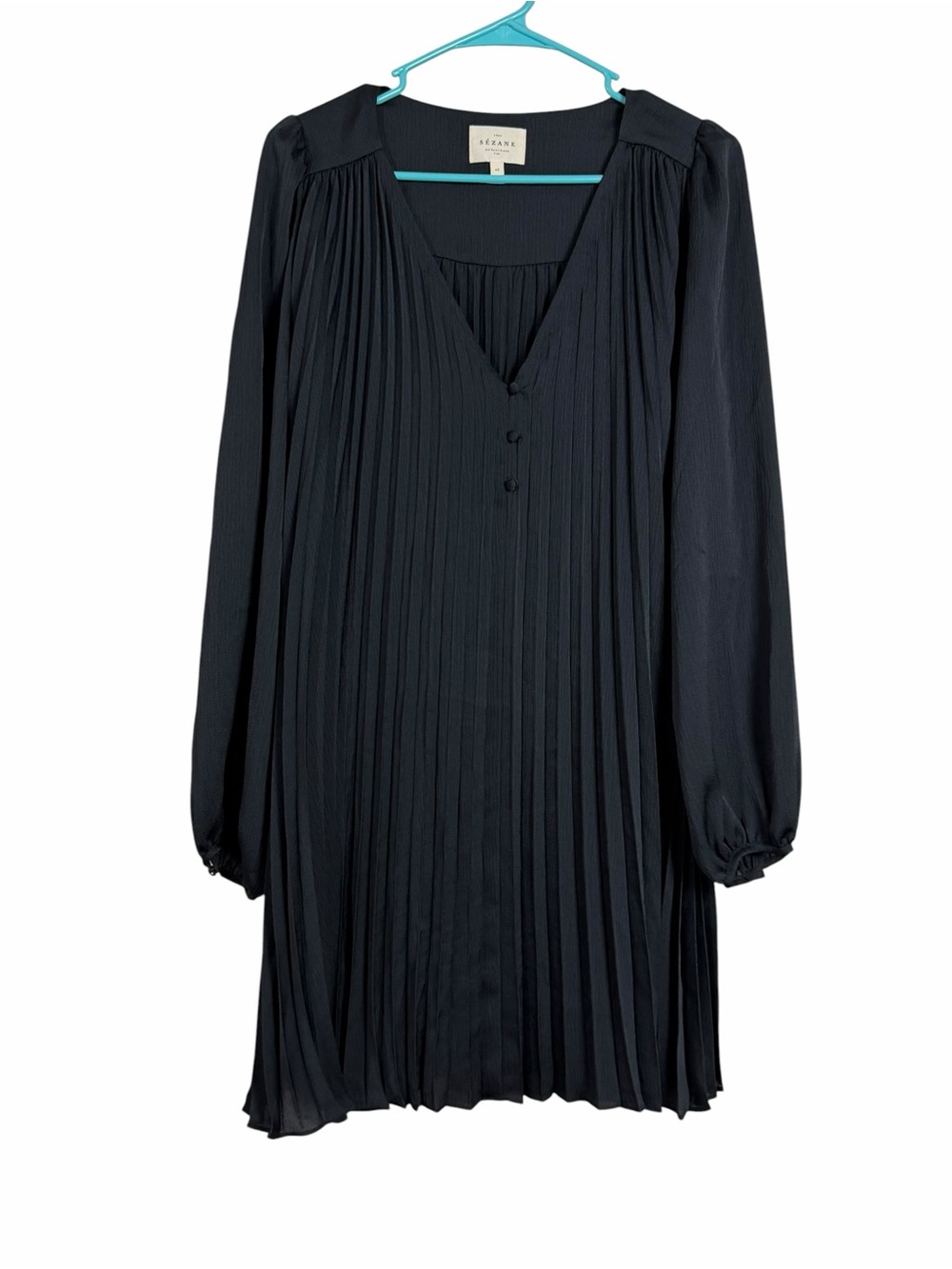 Sézane Selita Dress Black Pleated Long Sleeve Mini Dress Women’s Size 40 Large - Picture 4 of 9